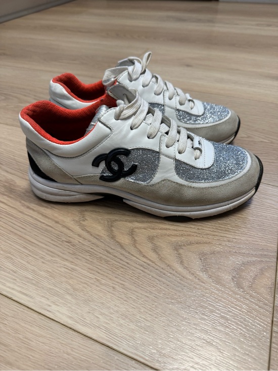 CHANEL Shoes - CHANEL White, Silver Glitter and Orange Low-Top Running Sneakers Size 8 (38)